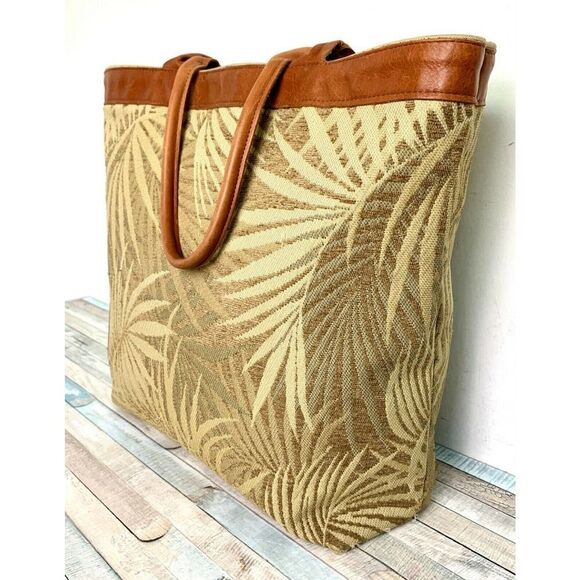 XL RAINIER CLUB BEIGE TAPESTRY BROWN GENUINE LEATHER HANDBAG TOTE SHOULDER BAG - Picture 7 of 11